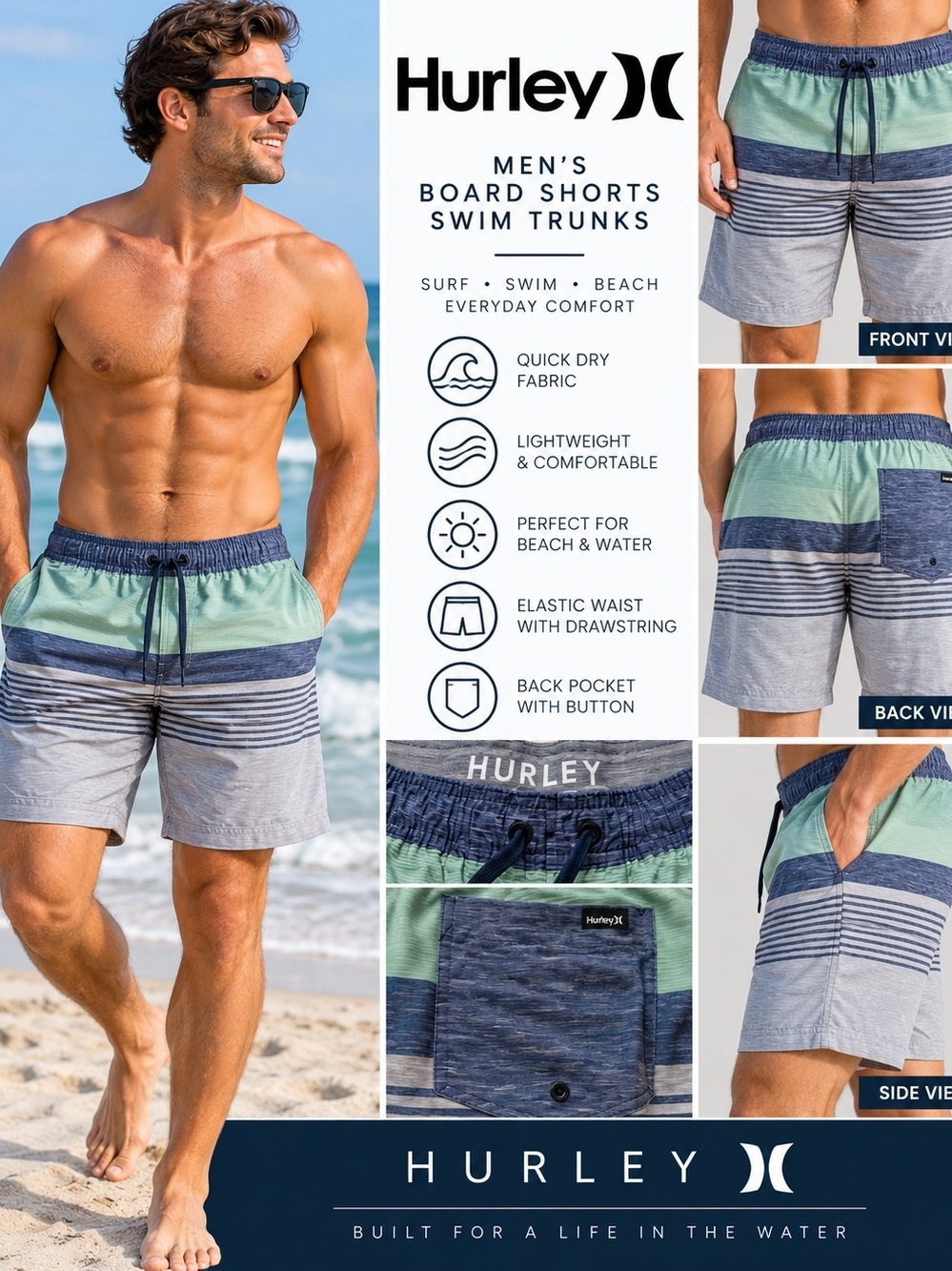 Hurley Men’s Striped Board Shorts / Swim Trunks – Green, Navy & Gray